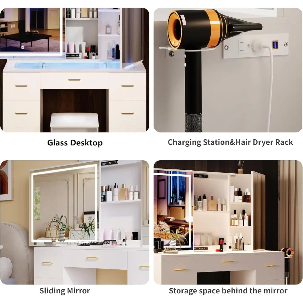 Vanity Desk with Lighted Mirror and Charging Station&Glass Tabletop, Sliding Mirror Makeup Vanity Table, Dressing Table