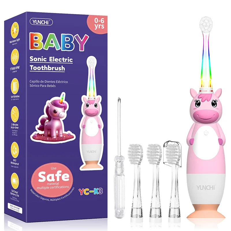 YUNCHi Kid Electric Toothbrush Battery Powered Children Sonic Toothbrush 2 Min Timer 30s Reminder IPX7 with Replacement Heads