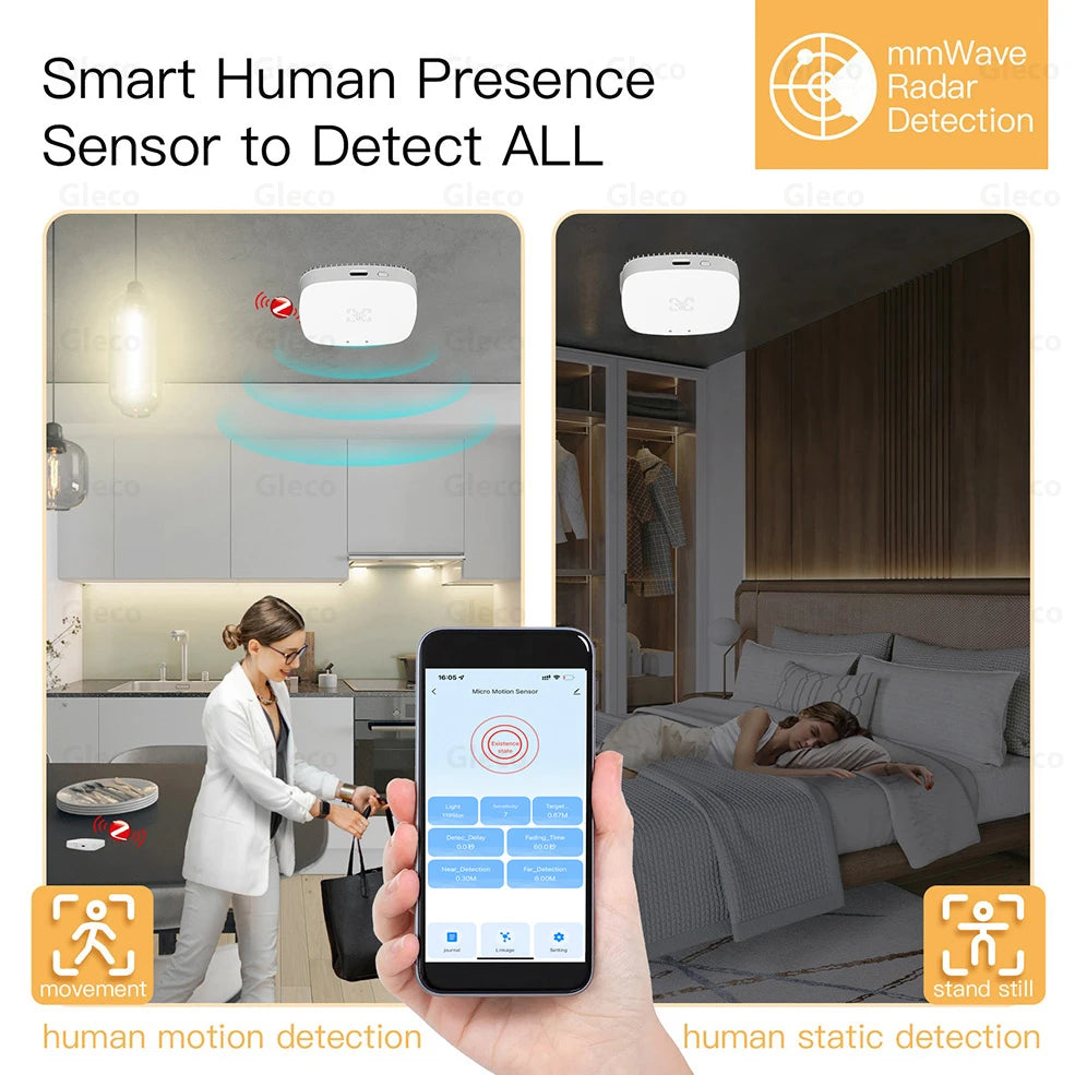 5.8G/24G ZigBee Wifi MmWave Human Presence Motion Sensor Detector With Luminance/Distance Detection Tuya Smart Home Automation