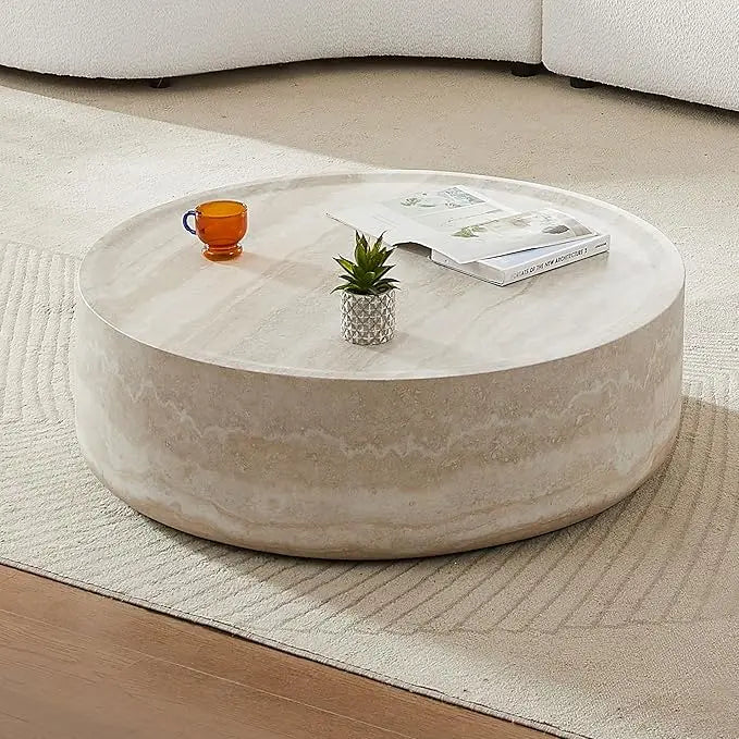 Faux Mars Pattern Coffee Tables for Living Room Round Tea Faux Travertine Textured Table for Living Room, No Need Assembly