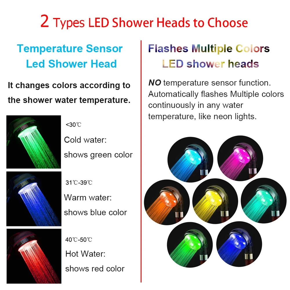LED Temperature Control Colorful Pressure Boost Shower Head Set 3/7 Color Change One-Key Stop High Pressure Handheld Showerhead