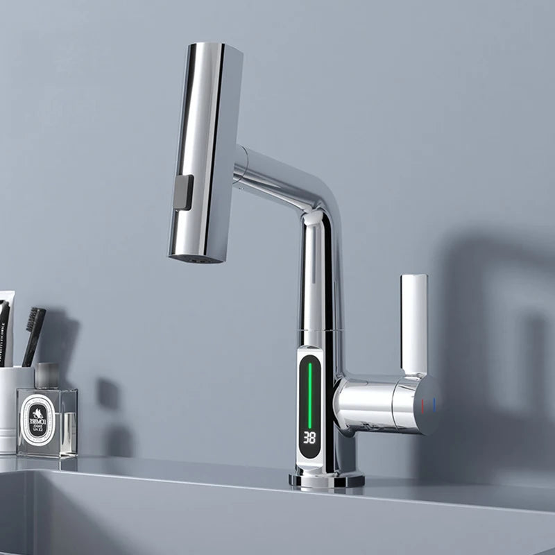 OXG Brass Kitchen Faucet Rotatable Gourmet Faucet Kitchen Digital Display,Three Spray Modes Pull Out Kitchen Sink Faucet