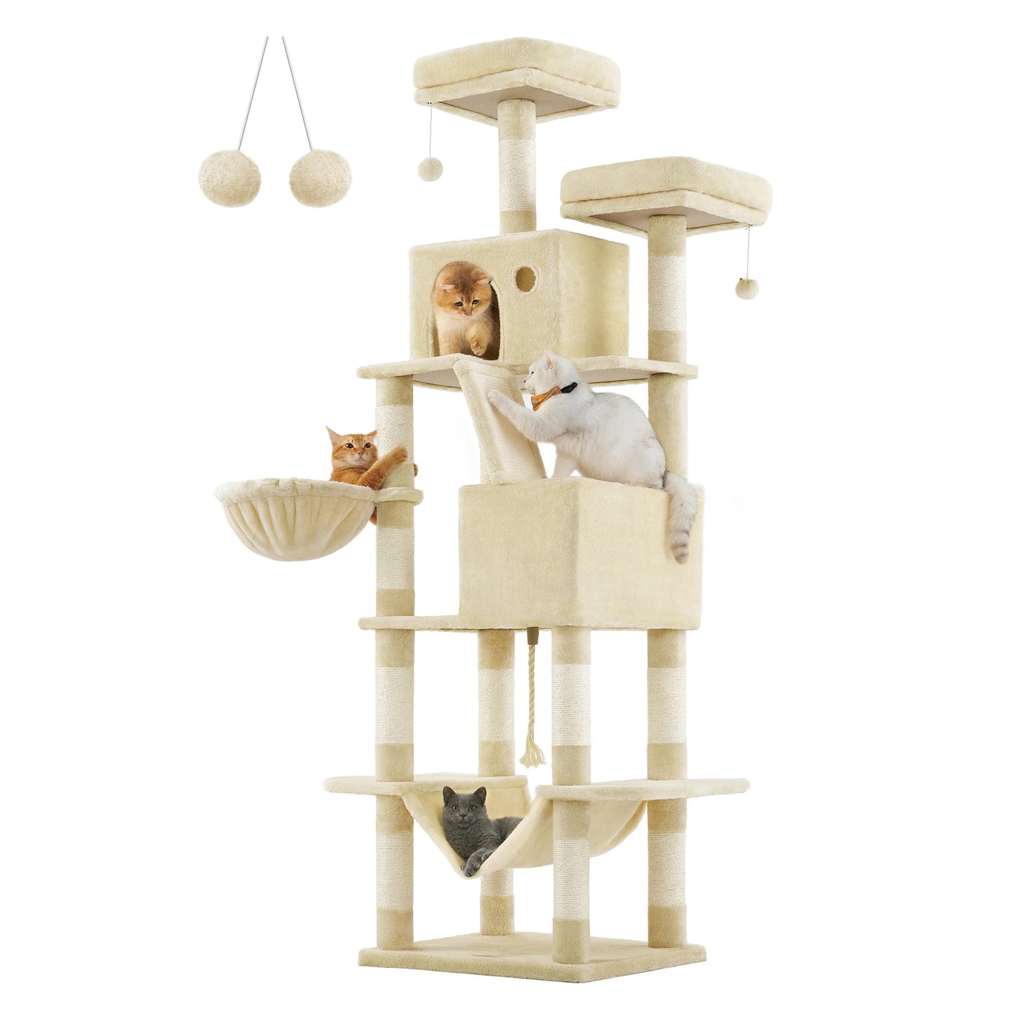 Feandrea scratching post Large, 206 cm High, XXL Cat Tree, with 13 Scratching Pillars, 2 Platforms, 2 Caves Basket hammock Plush balls