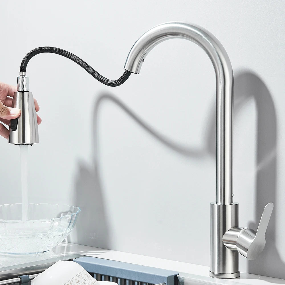Kitchen Sink Faucets stainless steel Pull Out Kitchen Sink Water Tap Deck Mounted Mixer Stream Sprayer Head Hot Cold Taps
