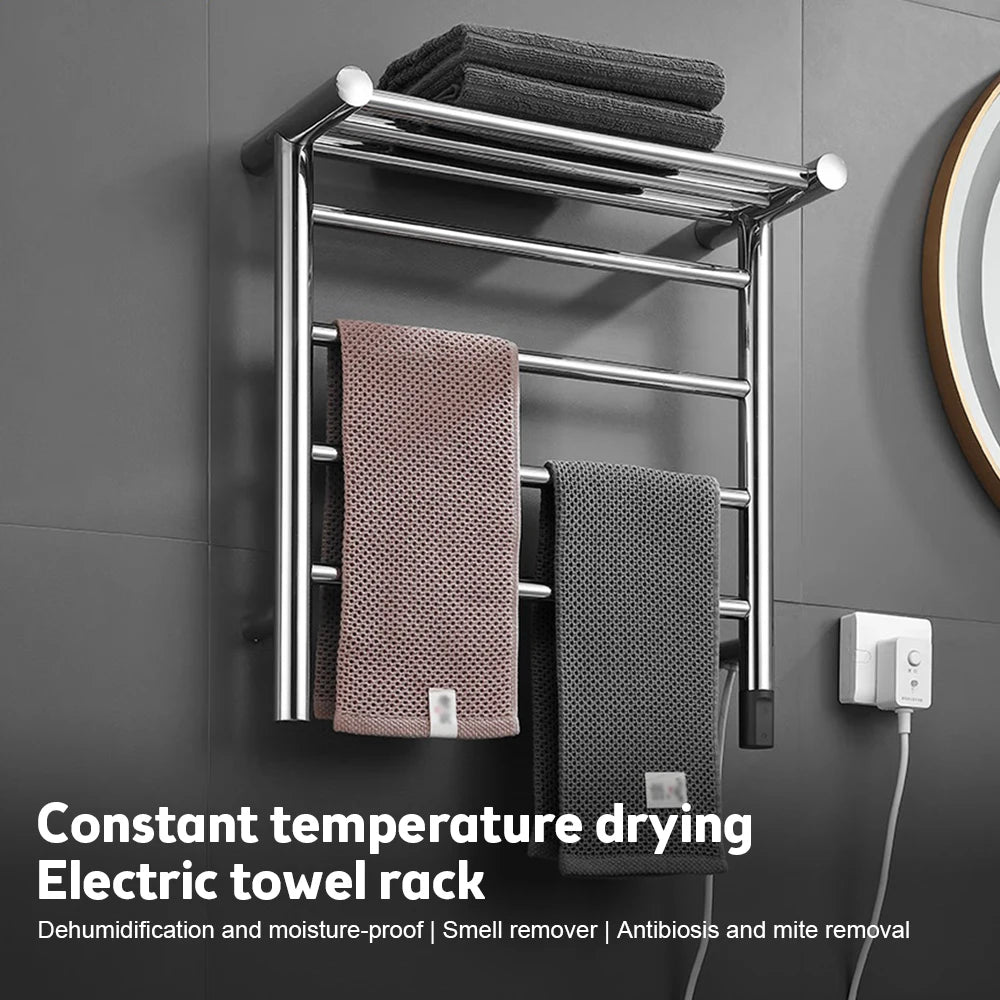 WiFi Electric Towel Warmer Rack 45W 24V 4 Bars Towel Warmer with Top Shelf Timer Wall Mounted IPX4 Waterproof Heated Towel Racks