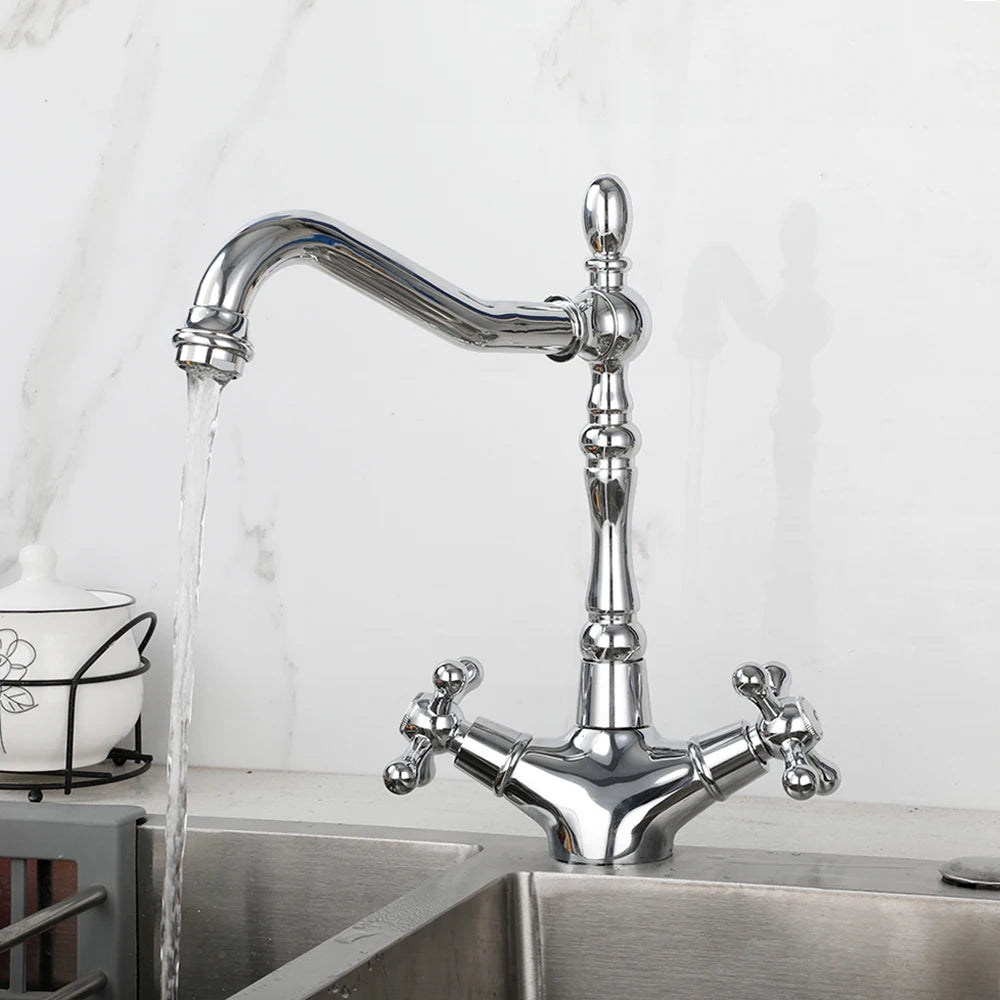 KEMAIDI Gold Bathroom Sink Faucet Brass Single Hole Deck Mounted Faucets 360 Swivel Dual Handle Mixer Tap Antique Brass