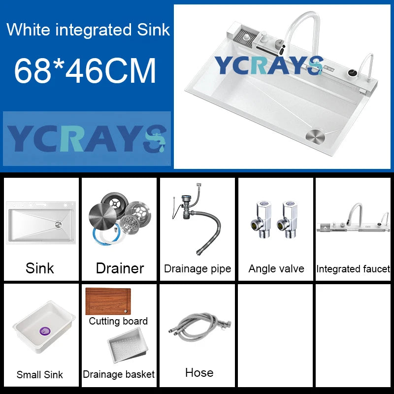 YCRAYS White Nano Kitchen Sink Large Single Slot Waterfall Integrated Digital Display Faucet Soap Dispenser Cup Washer Pure Tap