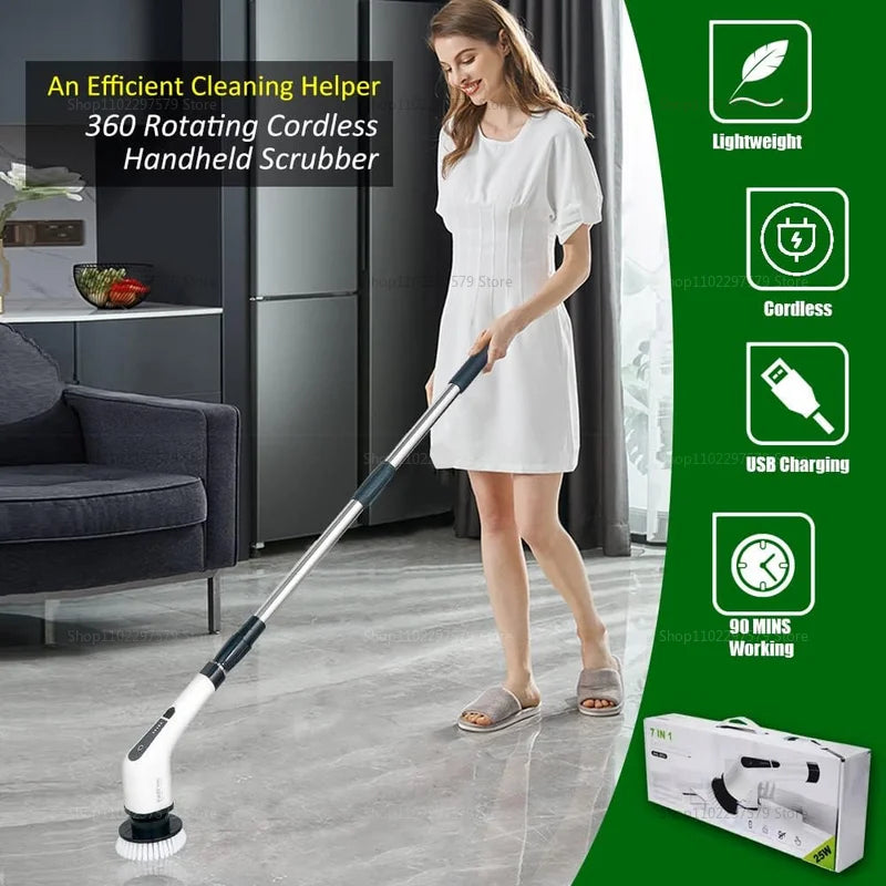 Electric Cleaning Brush 2 Gear Cordless Rotary Floor Scrubber Wireless 360 Degree Adjustable Handle Home Deep Cleaning Tool