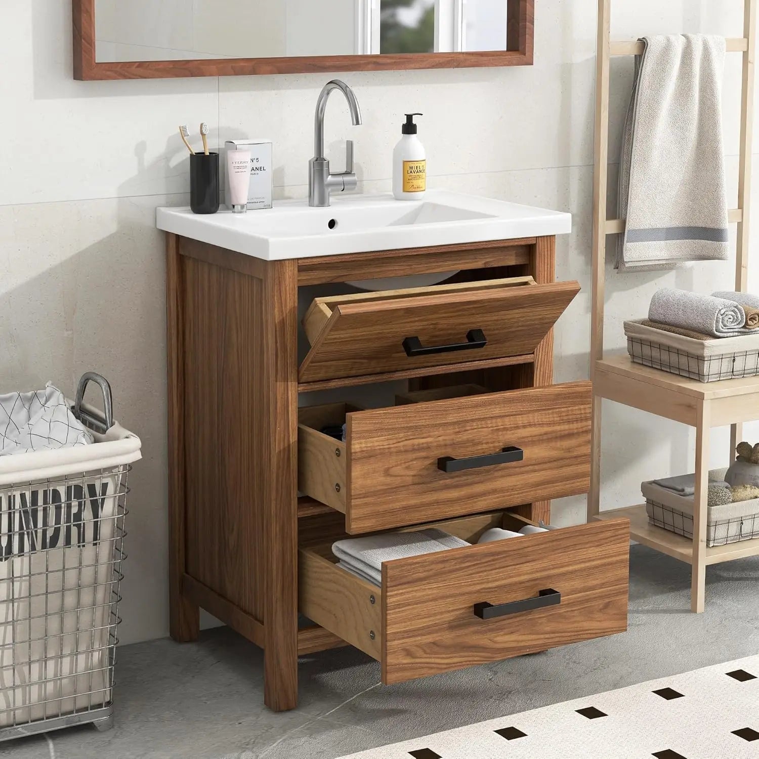 24" Farmhouse Bathroom Vanity with Undermount Sink | Freestanding Single Sink Combo with Tip-Out Drawer & Dual Pull-Out Drawers