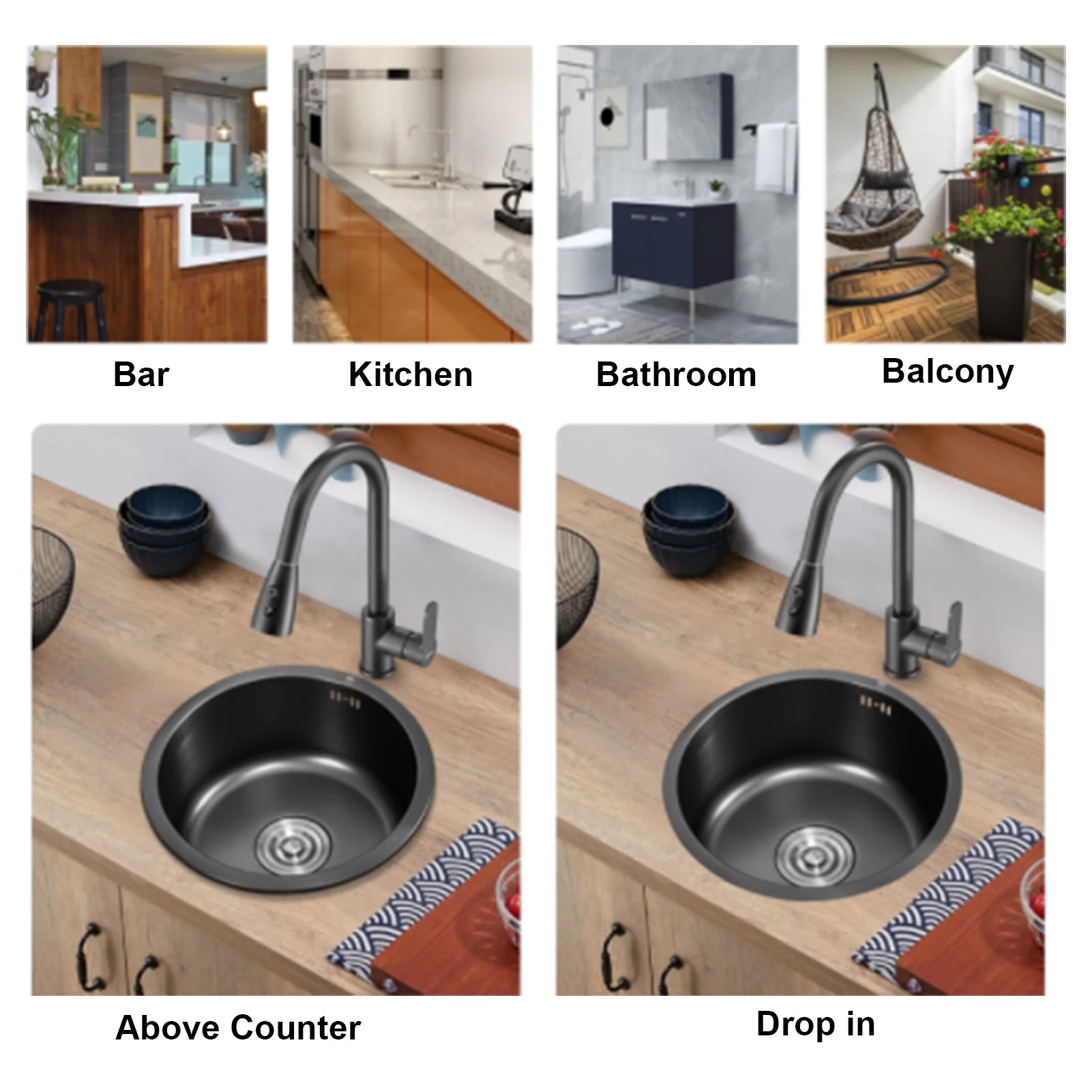 Kitchen Round Sink Mini Round Kitchen Sink Stainless Steel Bar Round Basin with Drainpipe Fitting 30cm Diameter Bar Round Sink