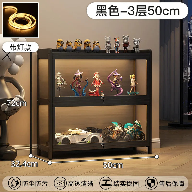 Display Cabinet Acrylic Curio Cabinet with Lock Glass Display Cabinet Natural Bamboo  Glass Cabinet Easy to Install，With Lights