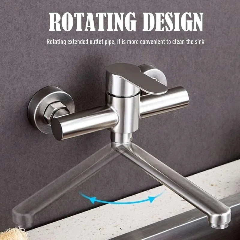 Wall Kitchen Tap 360° Rotating Stainless Steel Wall Hot Cold Mixer Single-handed Mixer Sink Rotating Arm of 25cm Long Filter