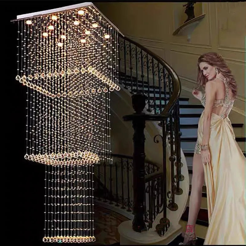 Duplex Living Room Pendant Chandelier Square Stair Hanging Lamp Hotel Villa Project Light Modern Luxury Crystal Long Chandelier