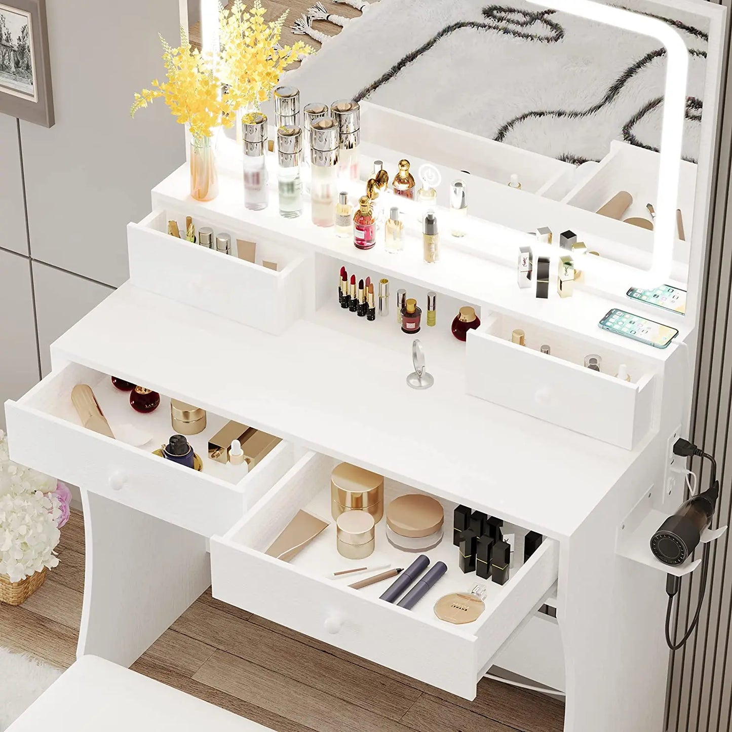 LIKIMIO Vanity Desk with LED Lighted Mirror & Power Outlet, Dressing Makeup Table Set with Storage Stool and Hair Dryer Stand