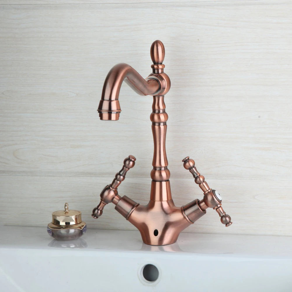 KEMAIDI Gold Bathroom Sink Faucet Brass Single Hole Deck Mounted Faucets 360 Swivel Dual Handle Mixer Tap Antique Brass