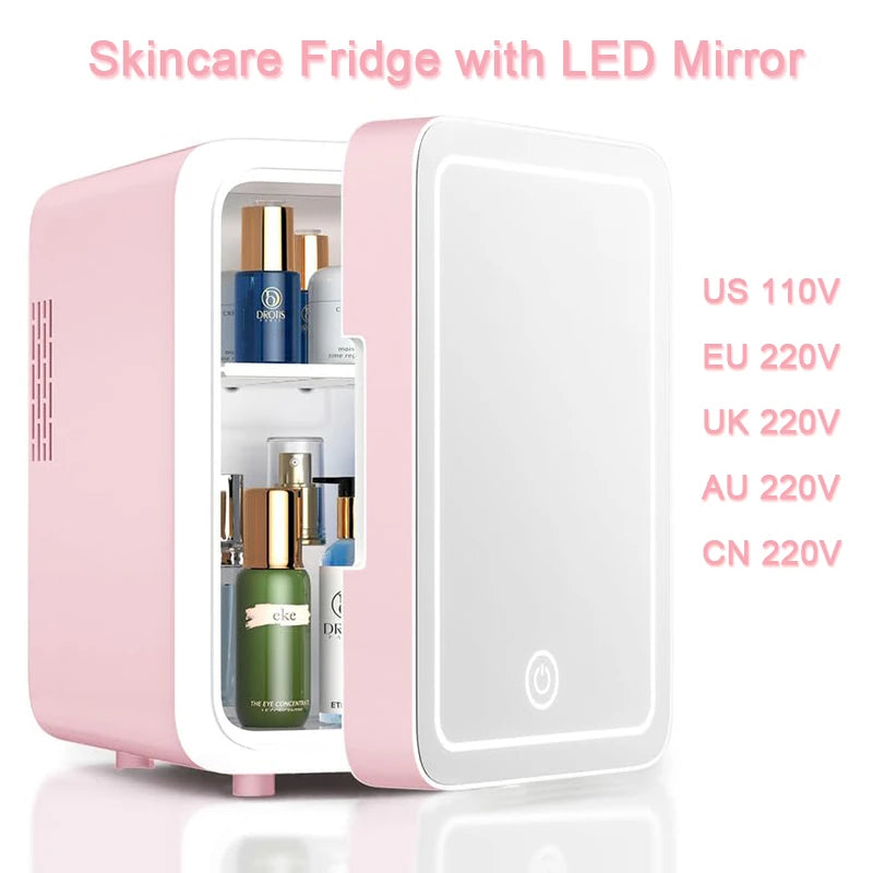 Skincare Fridge With Dimmable LED Light Mirror 4L Makeup Mini Fridge for Bedroom, Car, Office Portable Small Refrigerator