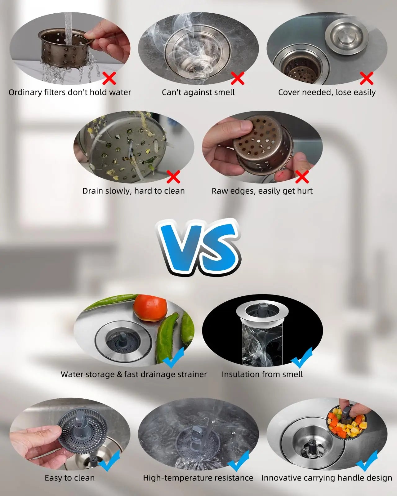 Hibbent Upgraded 3 in 1 Kitchen Sink Drain Strainer and Stopper Combo, Stainless Steel Metal Pop Up Sink Stopper,