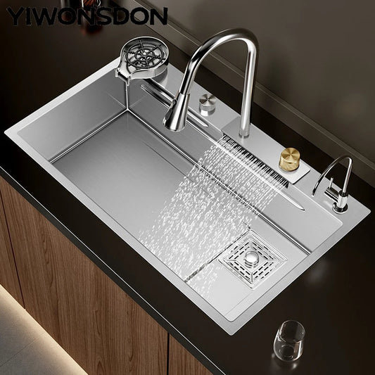 Multifunction Brushed Nano Kitchen Sink Waterfall Faucet Large Single Bowl Cup Washer Pure Tap Soap Dispenser Stainless Steel