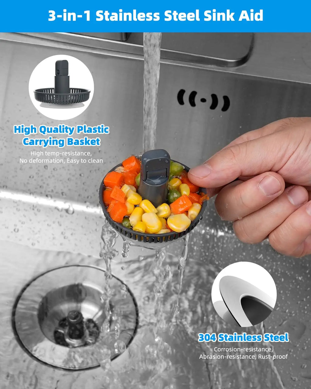 Hibbent Upgraded 3 in 1 Kitchen Sink Drain Strainer and Stopper Combo, Stainless Steel Metal Pop Up Sink Stopper,