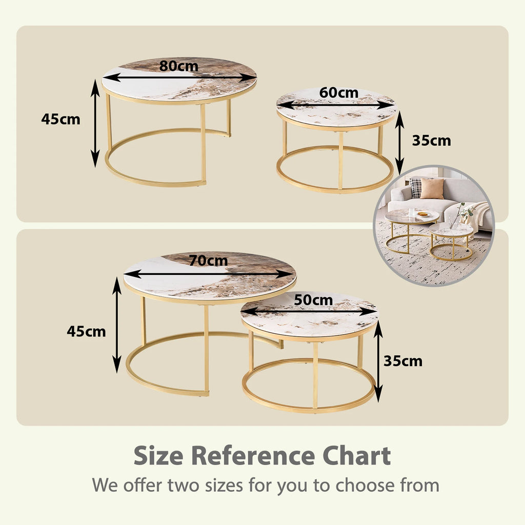 Set of 2 Modern Stylish Nesting Marble Round Coffee Table Set, Simple Metal Frame, Suitable for Living Room, Study Room, Bedroom
