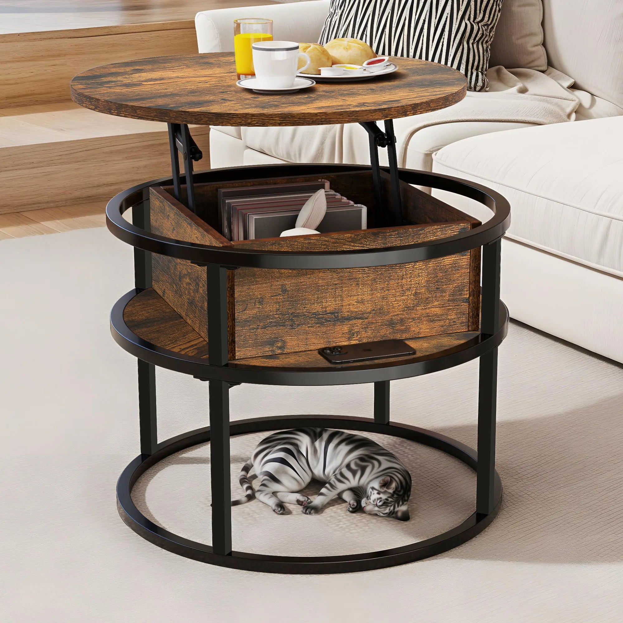 YITAHOME Coffee Table With Lift Top, Lift Up Coffee Table Round With Hidden Storage Compartment, 60x60x47cm