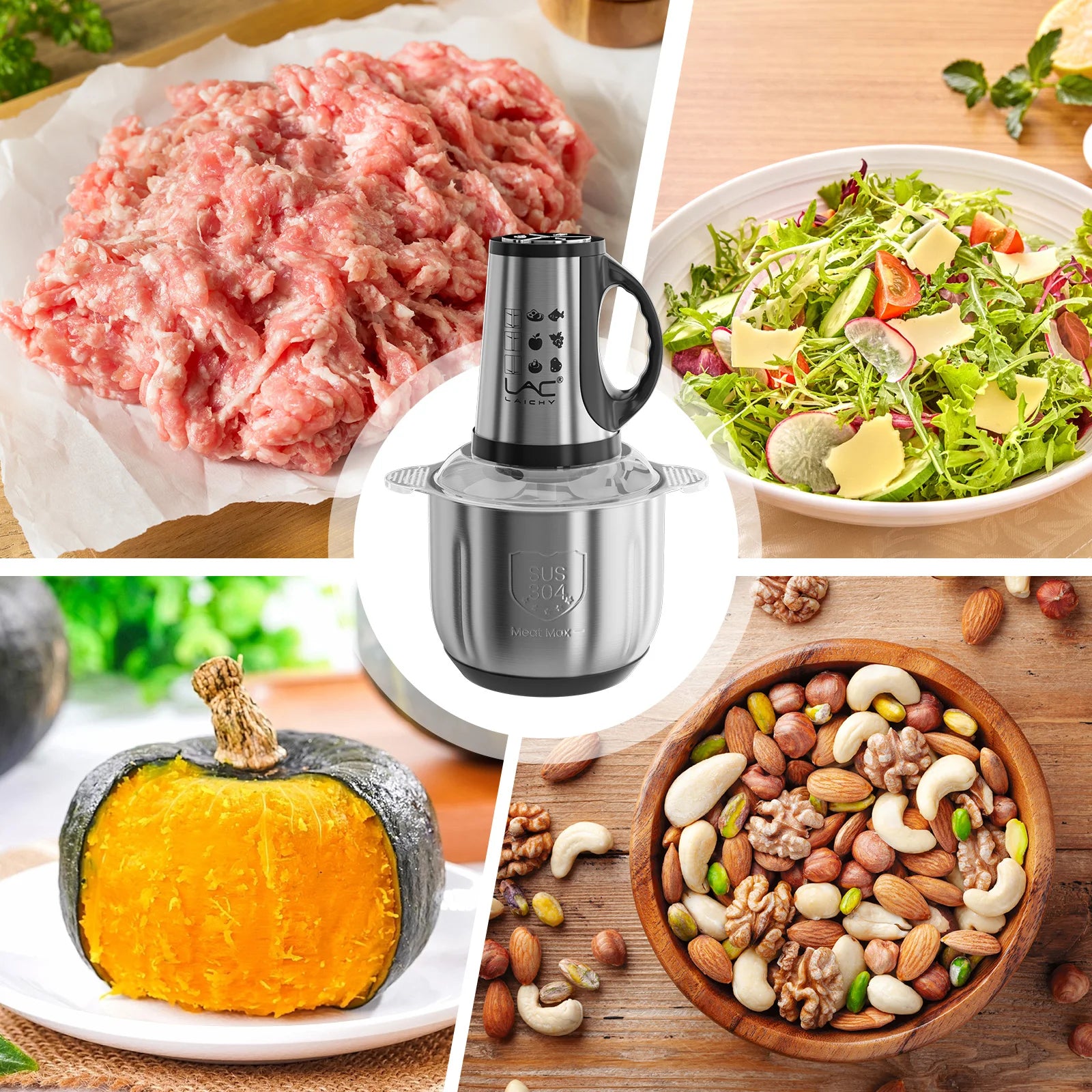 2.5L Electric Meat Grinder 3 Speed 300W Food Chopper Blender, Stainless Steel Vegetable Nut Bean Crusher Processor For Kitchen