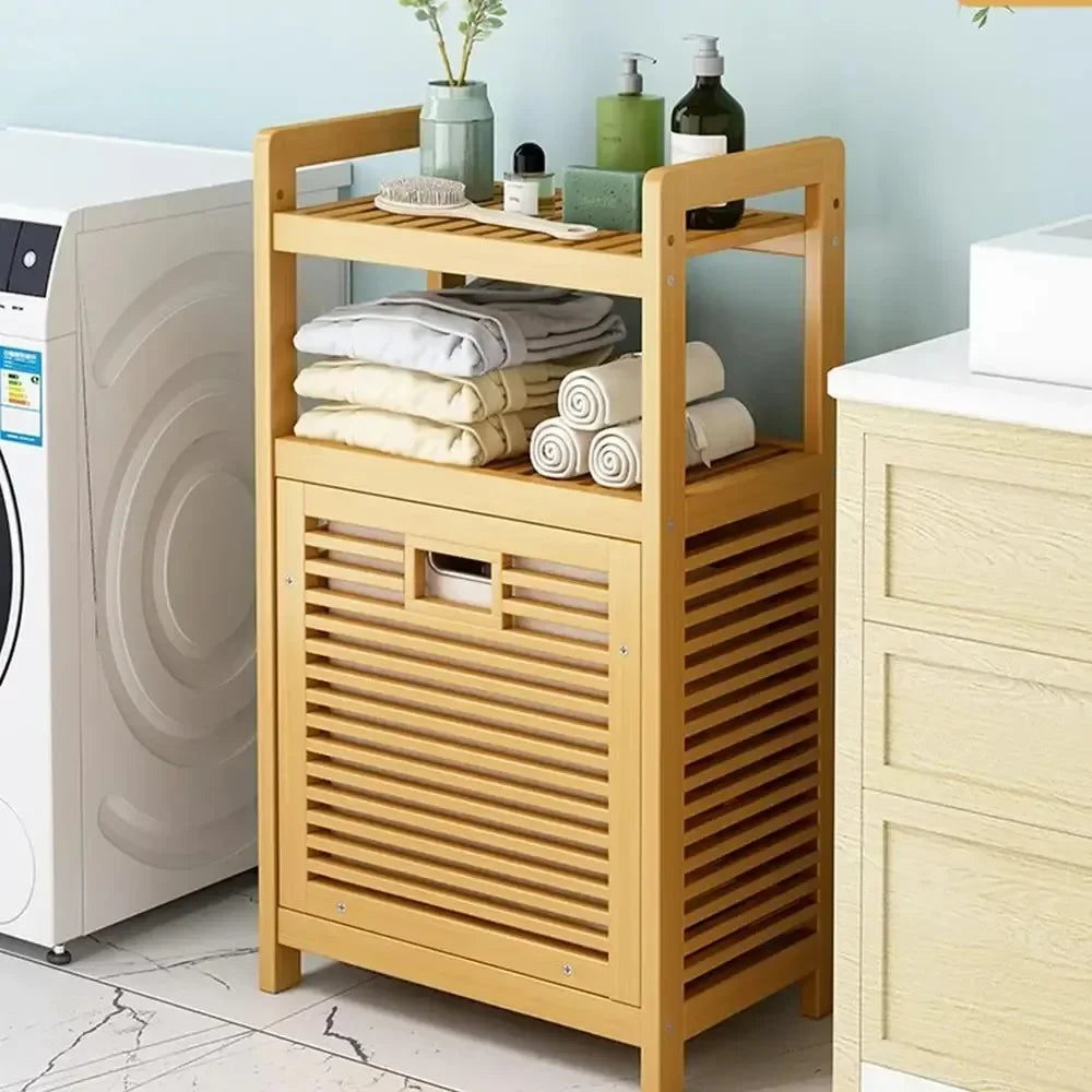 Laundry Hamper with Shelf With Tilt Out Basket 3/4 Tier Wooden Storage Hamper Bathroom Rack Multi-function Bamboo Laundry Basket