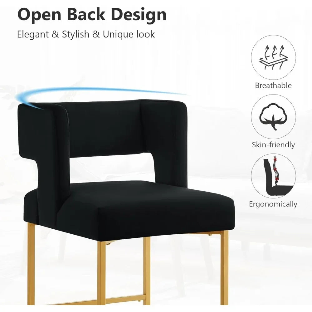 26" H Counter Height Bar Stools Set of 4, Modern Velvet Bar Stools with Square Open Backrest and Gold Metal Frame