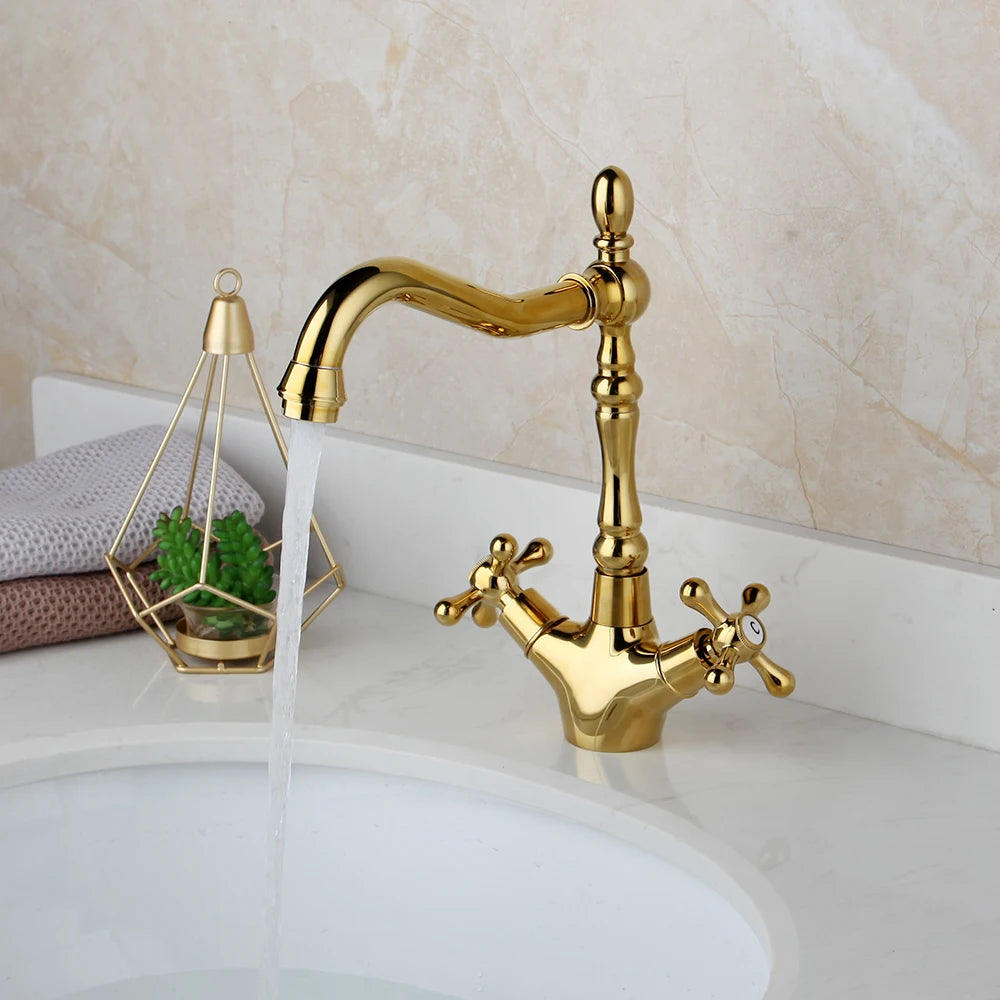 KEMAIDI Gold Bathroom Sink Faucet Brass Single Hole Deck Mounted Faucets 360 Swivel Dual Handle Mixer Tap Antique Brass