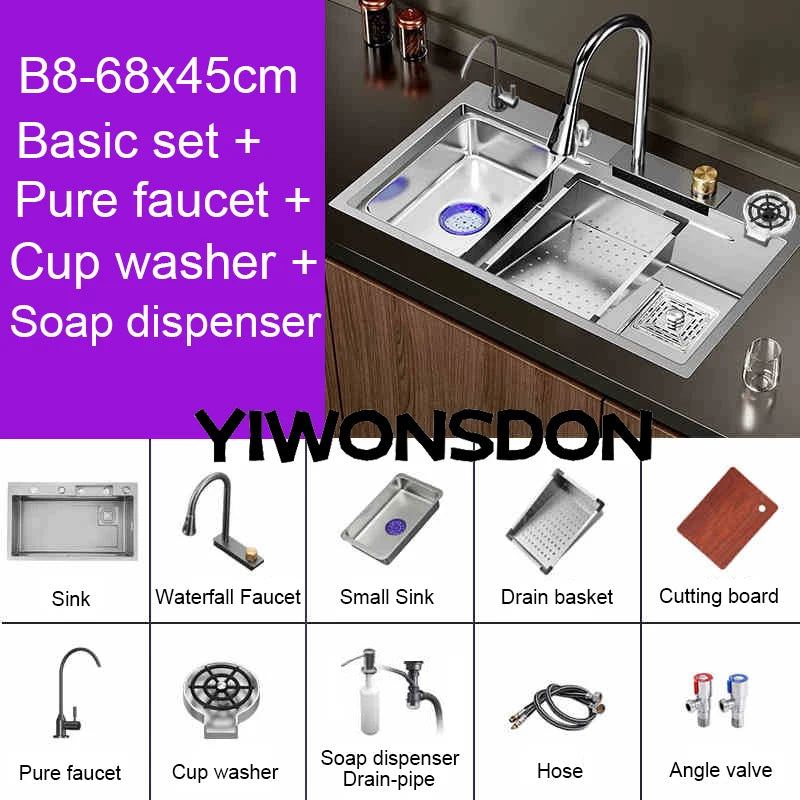 Multifunction Brushed Nano Kitchen Sink Waterfall Faucet Large Single Bowl Cup Washer Pure Tap Soap Dispenser Stainless Steel