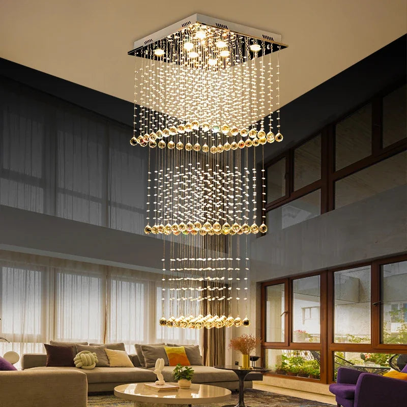 Duplex Living Room Pendant Chandelier Square Stair Hanging Lamp Hotel Villa Project Light Modern Luxury Crystal Long Chandelier