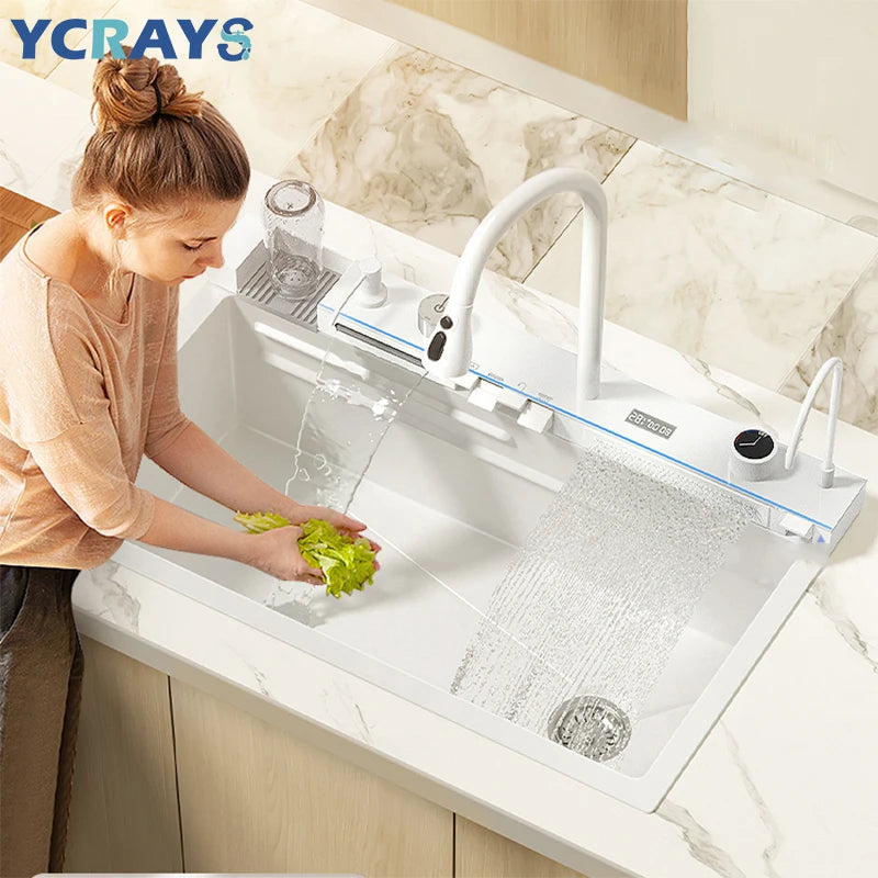 YCRAYS White Nano Kitchen Sink Large Single Slot Waterfall Integrated Digital Display Faucet Soap Dispenser Cup Washer Pure Tap