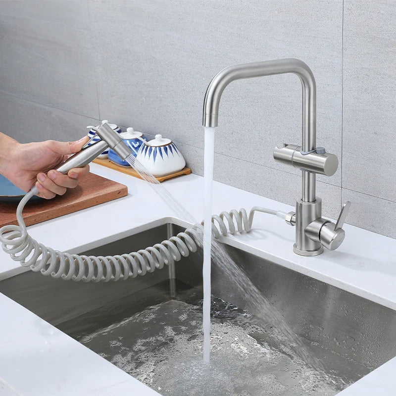 Kitchen Sink Faucet with Side Sprayer Hot Cold Water Mixer Tap Rotatable Faucets Dual Mode Stream Sprayer Head for Wash Dishes