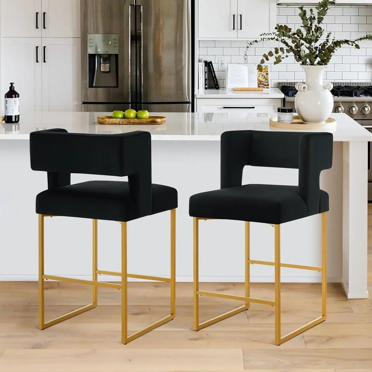 26" H Counter Height Bar Stools Set of 4, Modern Velvet Bar Stools with Square Open Backrest and Gold Metal Frame