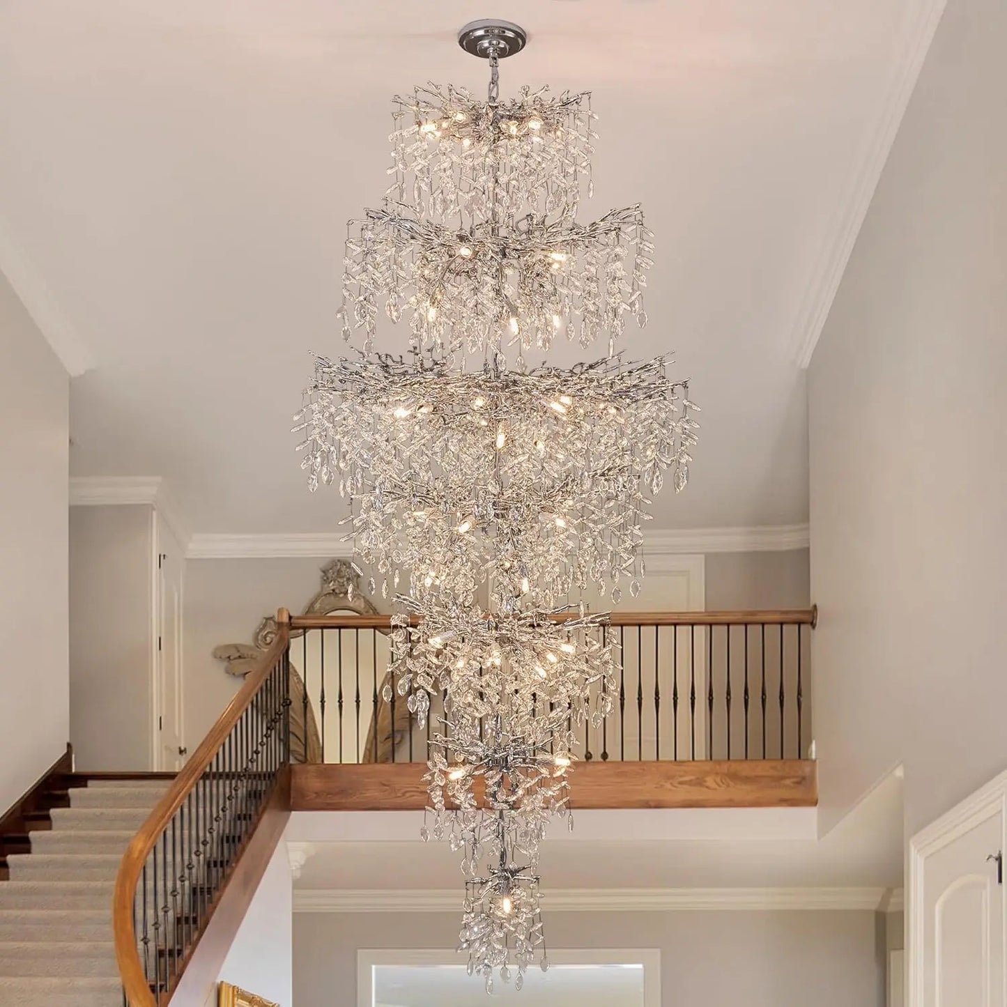 Modern Staircase Crystal Ceiling Chandeliers Silver Large Loft Crystal Hanging Chandelier for Entrance Hall Living Room
