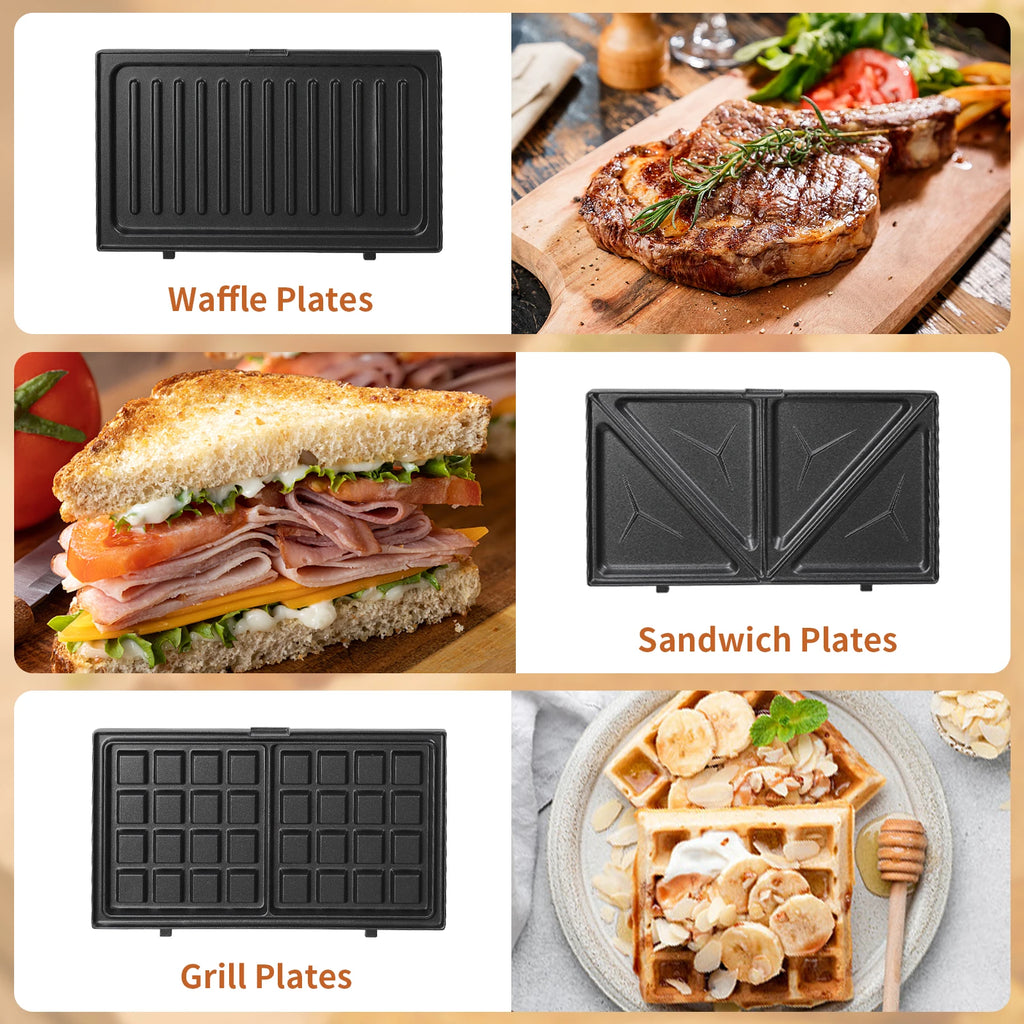 3 in 1 Sandwich Maker: Electric Sandwich Maker, Grill and Waffle Maker, 3 Removable Non-Stick and Interchangeable Plates, 750 W