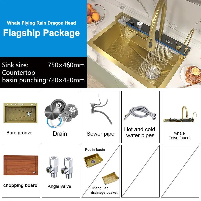 Gloden Stainless Steel Waterfall Kitchen Sink with Faucet Digital Display Multifunctional  Large Single Slot Dishwashing Basins