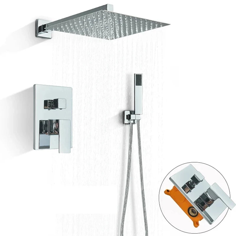Chrome Rainfall Shower Faucet Set Bathroom Stainless Steel Wall Mounted Concealed 16 Inch Shower System Hot Cold Water Mixer Tap
