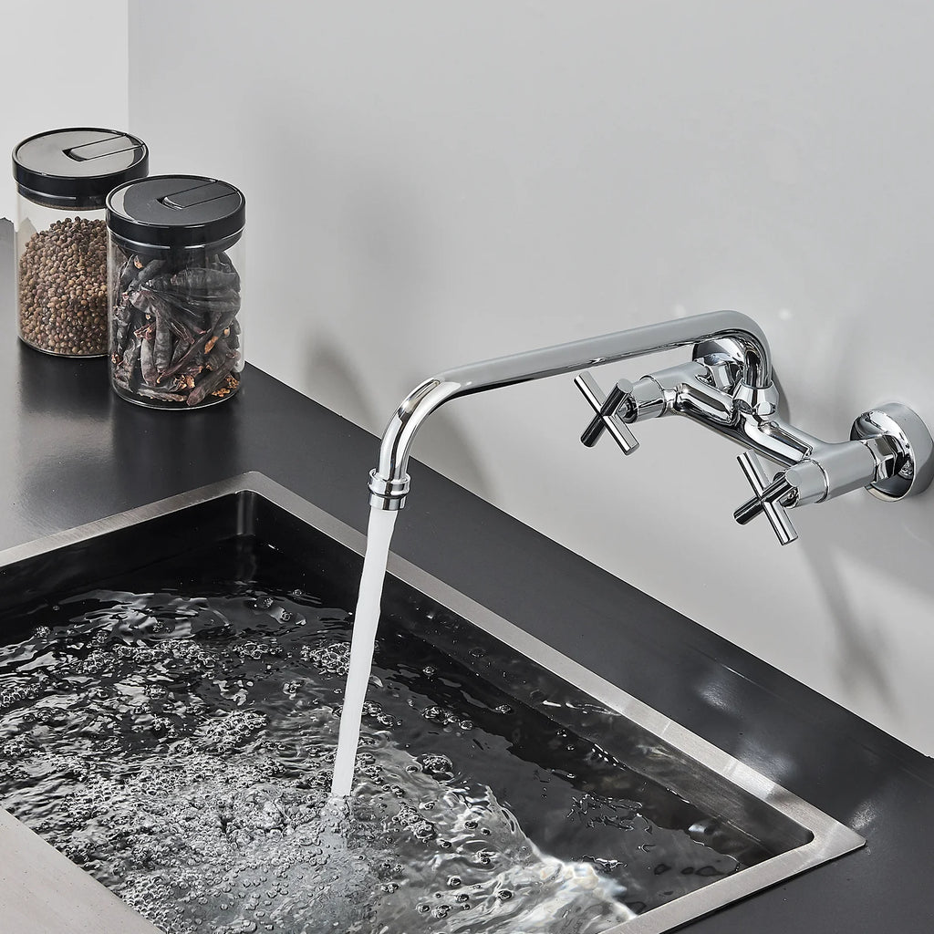 Chrome Wall Mounted Bathroom Kitchen Faucet Dual Handle Hot and Cold Water Tap Sink Mixer Tap 360 Swivel Long Spout Kitchen ﻿ ﻿