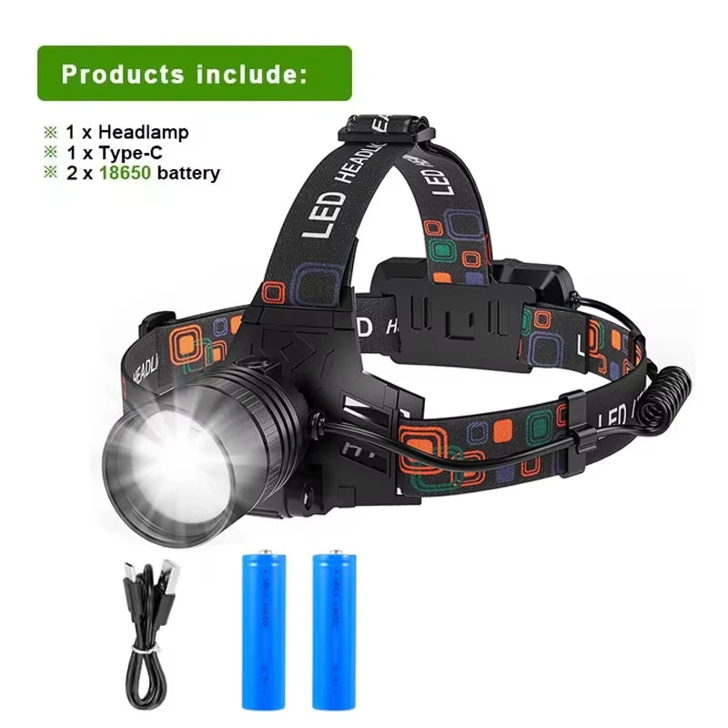 Powerful LED Headlamp Aluminium Alloy Headlight Led Head High Lumen Rechargeable Led Headlamp Camping Searching Hunting Fishing