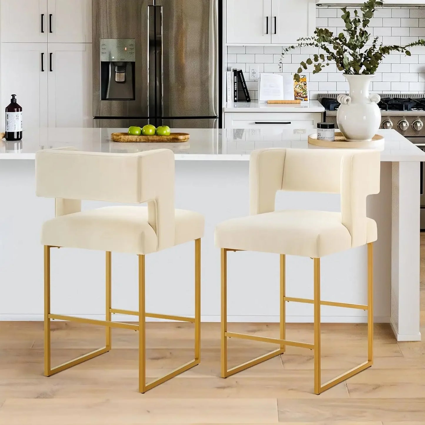 26" H Counter Height Bar Stools Set of 4, Modern Velvet Bar Stools with Square Open Backrest and Gold Metal Frame