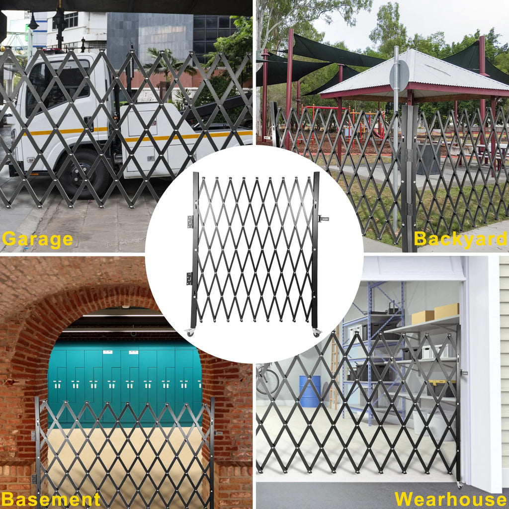 SucceBuy Single Folding Security Gate 1.5-2mx1.22-3.66m Folding Door Gate Steel Accordion Flexible Expanding Security Gate Black