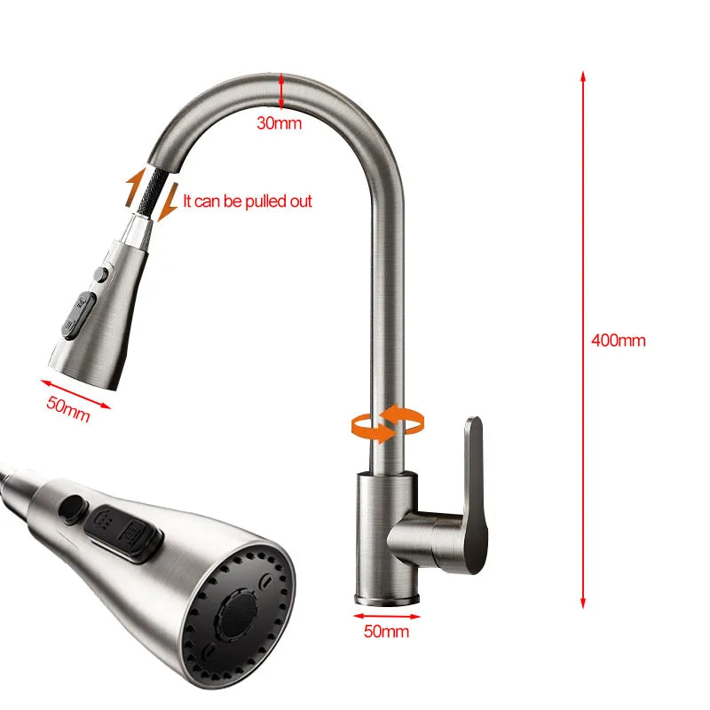 Stainless steel kitchen pull-out faucet, hot and cold household splash-proof sink, retractable sink, vegetable washing basin fau