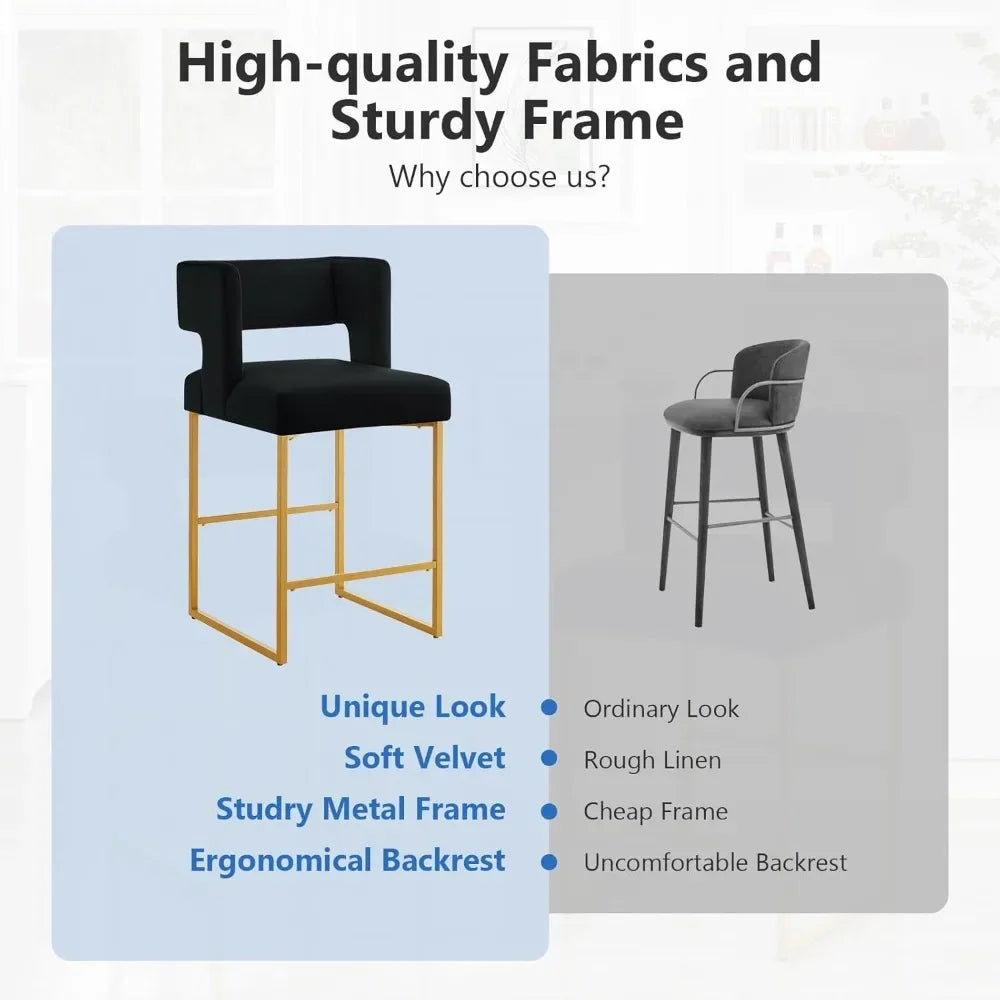 26" H Counter Height Bar Stools Set of 4, Modern Velvet Bar Stools with Square Open Backrest and Gold Metal Frame
