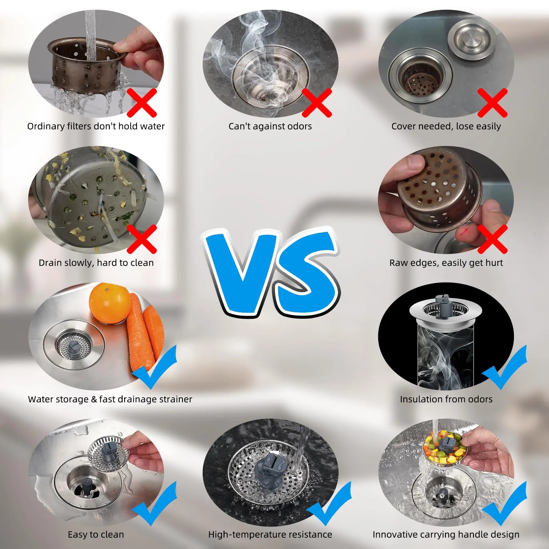 Hibbent Upgraded 3 in 1 Kitchen Sink Drain Strainer and Stopper Combo, Stainless Steel Metal Pop Up Sink Stopper,