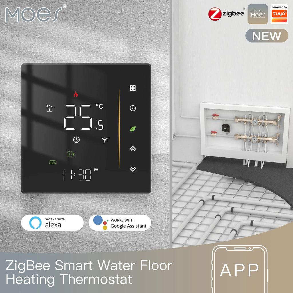 Moes Zigbee Thermostat Room Temperature Controller of Water/Electric Floor Heating Gas Boiler Humidity Tuya Work with Alex 5A16A