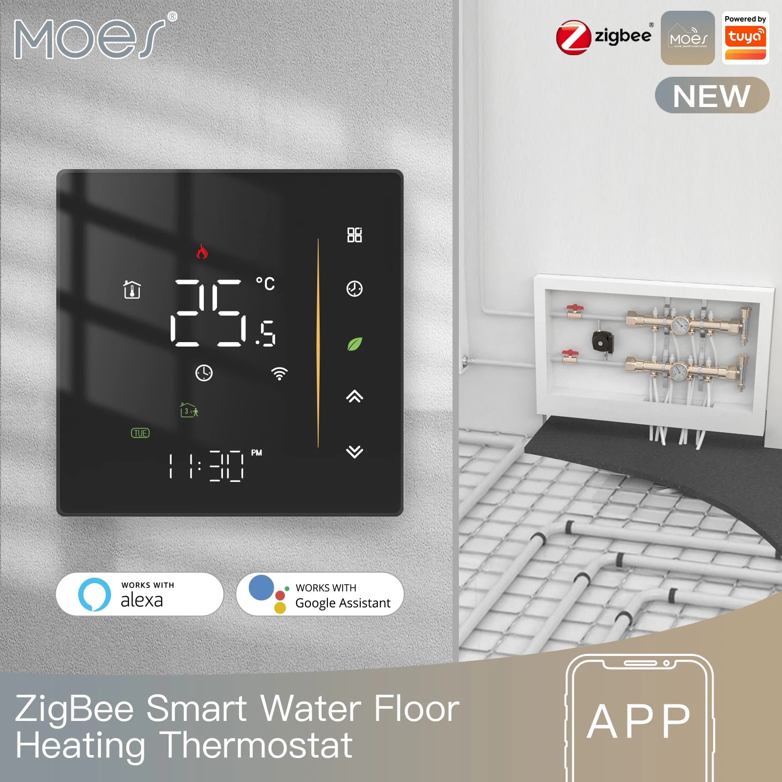 Moes Zigbee Thermostat Room Temperature Controller of Water/Electric Floor Heating Gas Boiler Humidity Tuya Work with Alex 5A16A