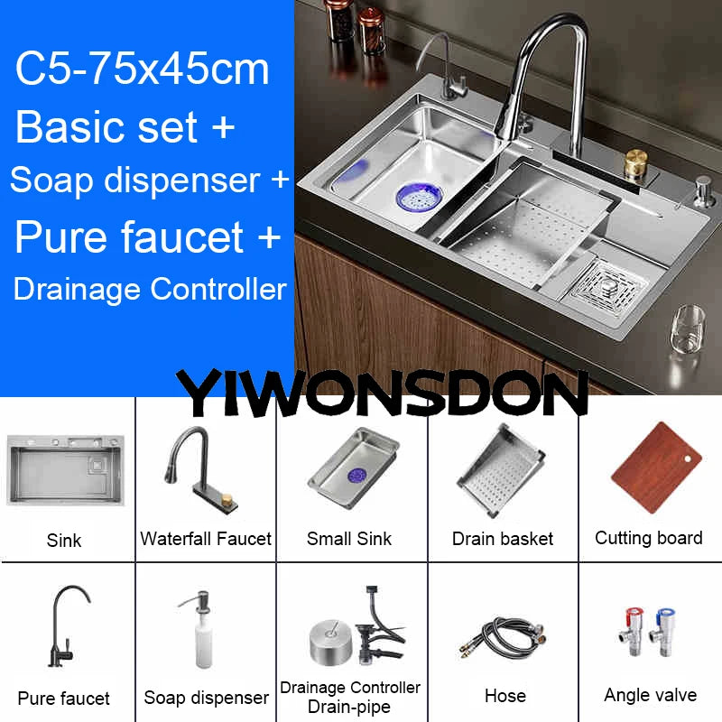 Multifunction Brushed Nano Kitchen Sink Waterfall Faucet Large Single Bowl Cup Washer Pure Tap Soap Dispenser Stainless Steel