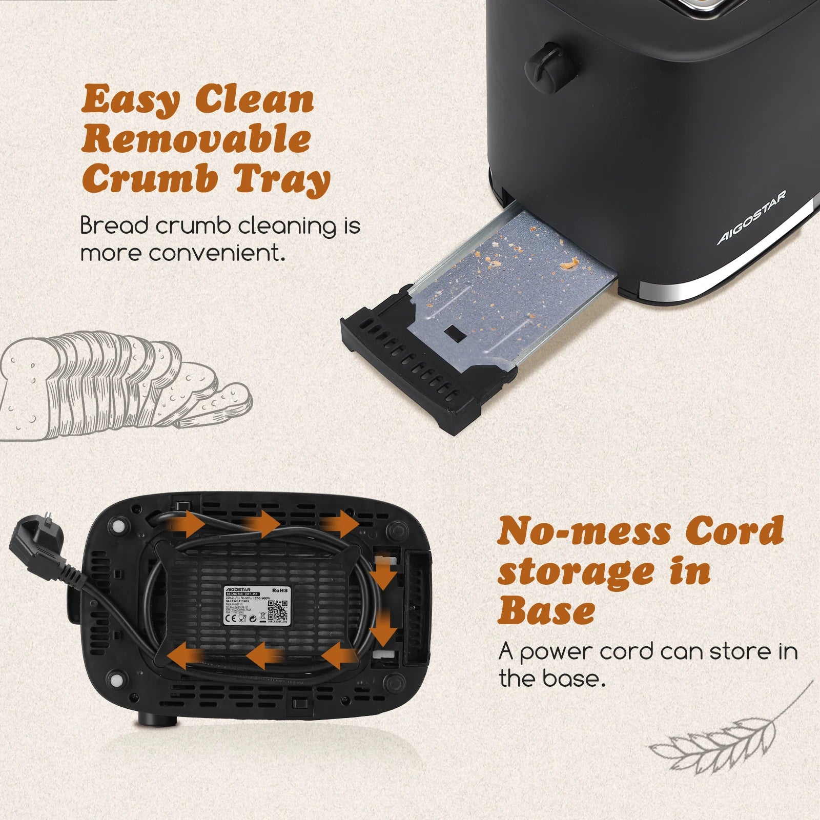 Toaster, 2 Extra Wide Slots, with Built-In Ball Warmer Rack, 6 Toast Levels, 3 Functions, 800W, Bpa Free