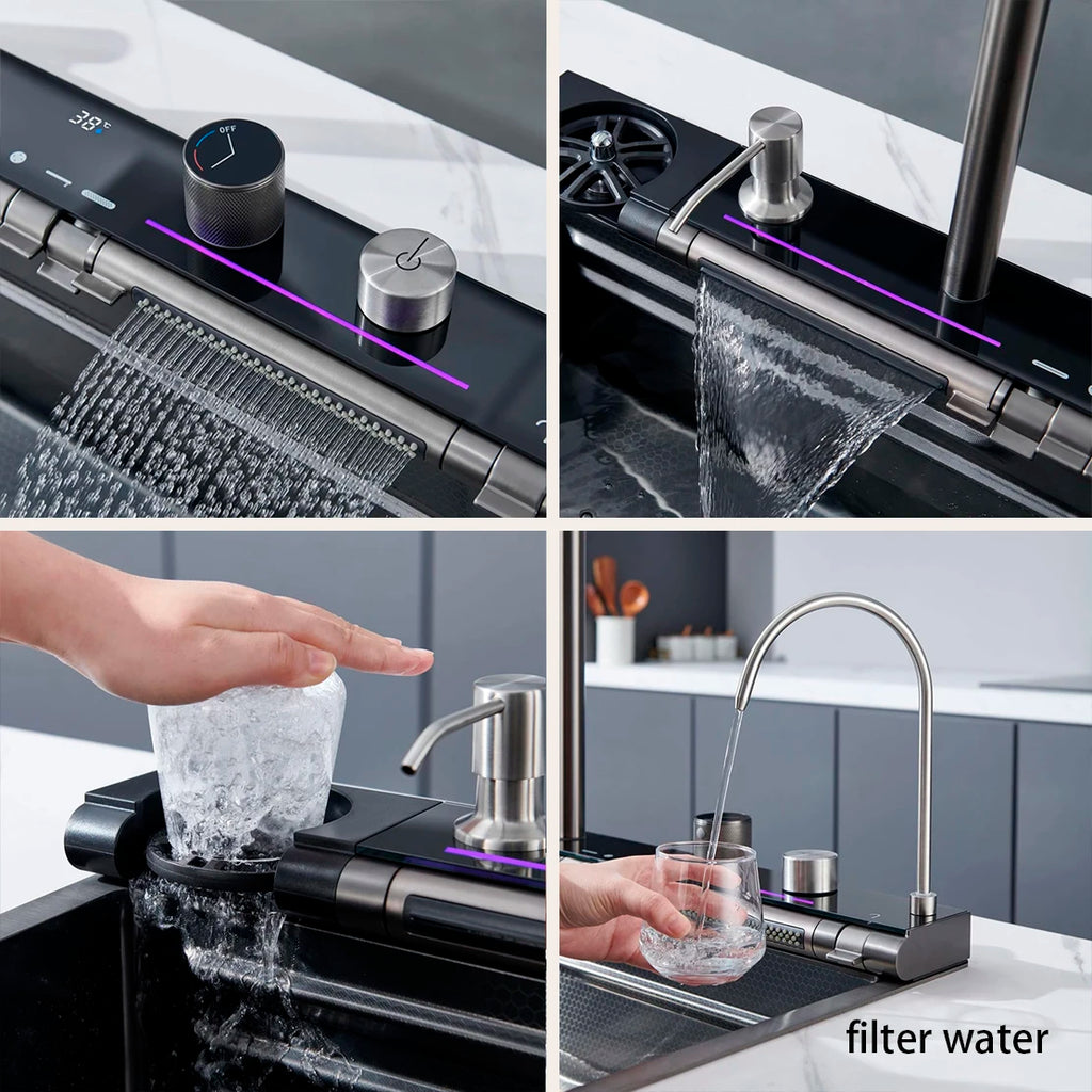 Stainless Steel Kitchen Waterfall Sink Digital Display Large Single Sink Dish Basin Sink Purification water Cup Washer Crane